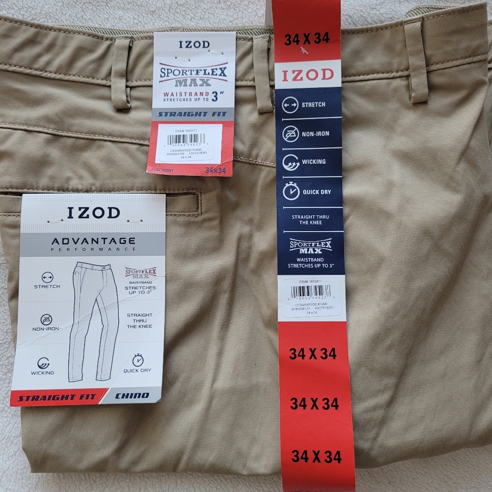 IZOD Sportflex Max Straight Fit Advantage Performance 34x34 Khaki Tan Non Iron